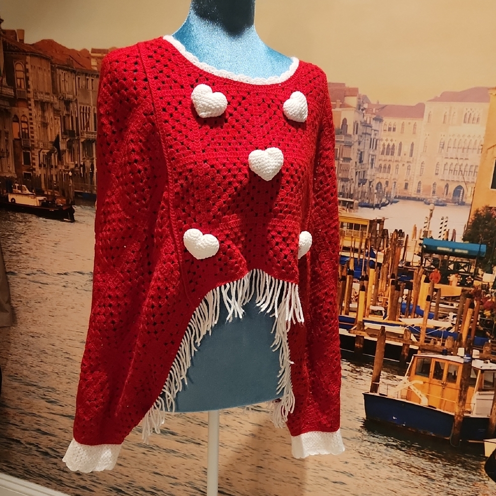 House of Harlow 1960 Red Crochet Fringe Sweater with White Heart Appliqués